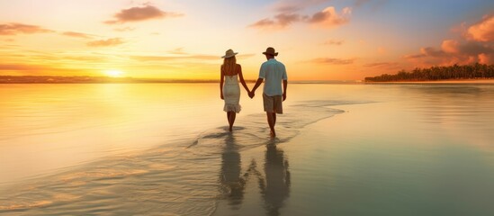 Happy Romantic Middle - Aged Couple Enjoying Sunset on the white sand beach while walking - Powered by Adobe