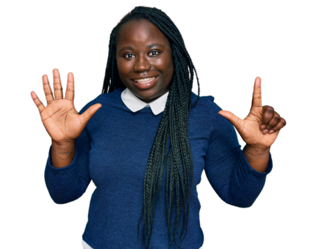 Young black woman with braids wearing casual clothes showing and pointing up with fingers number seven while smiling confident and happy.