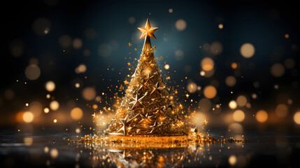 christmas tree with star sparkle particle yellow background