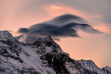 Foehn clouds at sunset in Zemmgrund, Zillertal, Tyrol, Austria, Europe