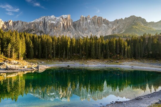 Karersee, Lago di Carezza, in front of Latemar Mountains, Dolomites, South Tyrol, Trentino-Alto Adige, Italy, Europe