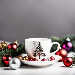Obraz na płótnie Canvas Coffee cup with Christmas ornaments and decoration on white background