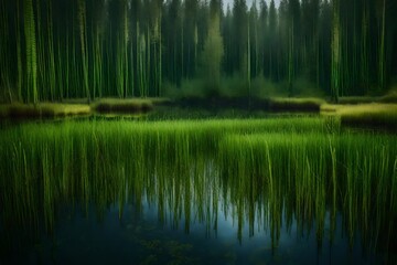 A serene prehistoric swamp with large, ancient horsetail reeds