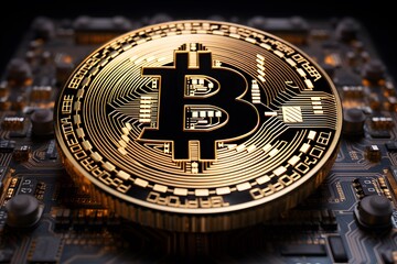 Fototapeta na wymiar Illuminated gold bitcoin on dark surface - online trading, e-commerce, financial market