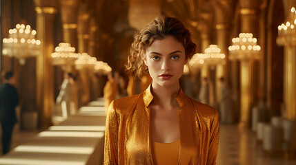 Golden dressed woman in gold room. Luxury and premium photography for advertising product design. Fashion beautiful european woman	 - obrazy, fototapety, plakaty