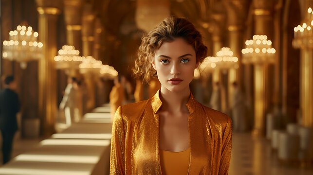 Golden dressed woman in gold room. Luxury and premium photography for advertising product design. Fashion beautiful european woman	