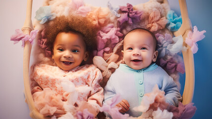 Aerial view: Smiling infants, diverse backgrounds, pastel harmony, innocent joy.