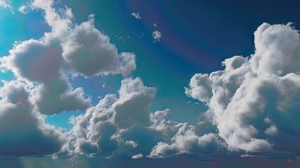Fluffy and white clouds stretching across a clear blue sky, creating a picturesque and serene vista - obrazy, fototapety, plakaty