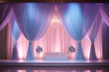 An elegant stage design with cascading drapes, crystal bead curtains, and soft pastel accents, radiating timeless sophistication.