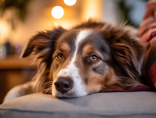 Portrait of a dog with expressive eyes lying on a plaid in a warm cozy home.