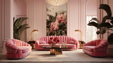 An elegantly designed living space boasting a stunning pink velvet sofa against a backdrop of refined design elements.