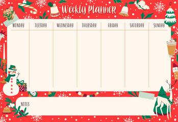 Cute Christmas and holiday winter weekly planner with with traditional winter elements on blue background. Flat vector illustration. Shopping, meals list, notes.