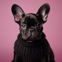 Cute French bulldog dressed in black clothes on a pink background.