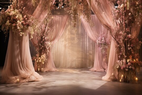 An ethereal stage decorated with soft drapes, floating floral arrangements, and subtle candlelight, casting a magical aura.