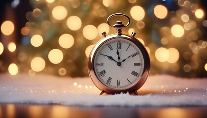 Obraz na płótnie Canvas Christmas background with a clock and lights on the background
