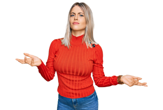 Beautiful blonde woman wearing casual clothes clueless and confused with open arms, no idea concept.