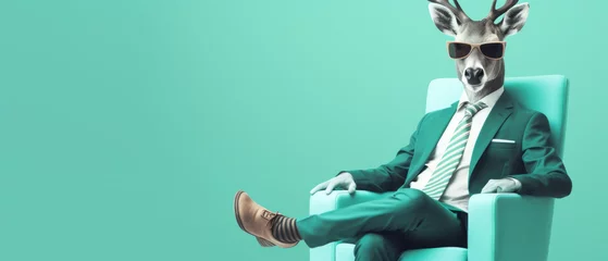 Zelfklevend Fotobehang Modern Xmas Deer with hipster sunglasses and business suit sitting like a Boss in chair. Creative animal concept banner. Trendy Pastel teal green background © Charlotte