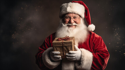 Santa Claus holds a gift in his hands.