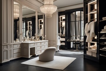 An extravagant dressing room with custom-built closets, a vanity area, and soft lighting to showcase luxury fashion collections.