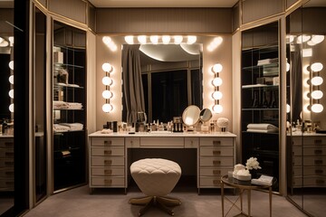 An extravagant dressing room with custom-built closets, a vanity area, and soft lighting to showcase luxury fashion collections.