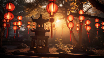 A row of Chinese lanterns light up at sunset.