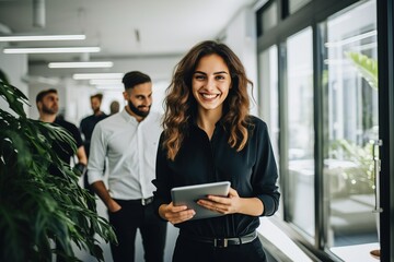 A young woman manager is smiling using a tablet working online, a group of people a team in the office, the company's employees are friendly. - obrazy, fototapety, plakaty