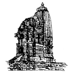 Chaturbhuj Temple in Khajuraho, India. Hindu architectural monument. Jatakari Temple. Hand drawn linear doodle rough sketch. Black and white ink silhouette.