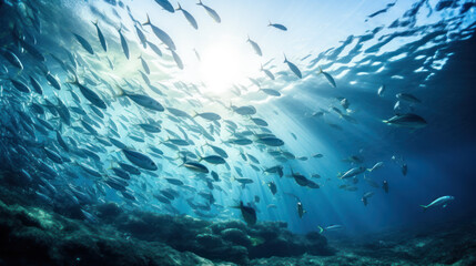 Photograph of a school of sardines seen from below swimming in semicircle - obrazy, fototapety, plakaty