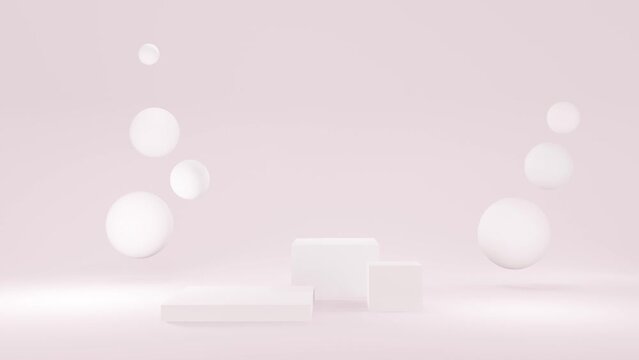 Pink round stage, pedestal or podium, and bubbles or spheres. Pink pastel advertising background.mockup Background or mockup for cosmetics or fashion. 3D render animation in 4K