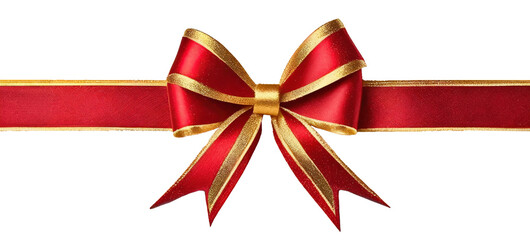 Shiny red and gold satin ribbon bow, isolated on transparent background