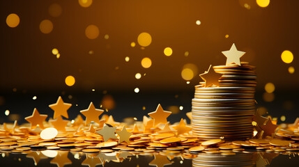 Falling 3D Coins and Stars with Yellow Lines as a Background Banner