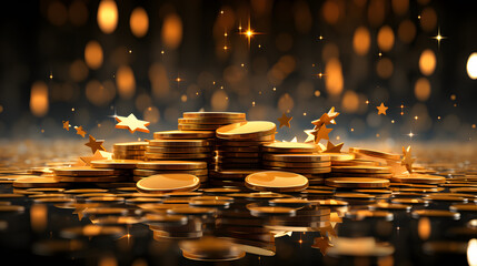 Fototapeta na wymiar Falling 3D Coins and Stars with Yellow Lines as a Background Banner