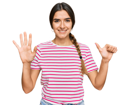 Young hispanic woman wearing casual clothes showing and pointing up with fingers number six while smiling confident and happy.