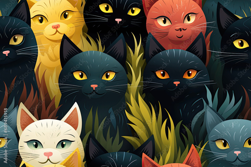 Poster seamless pattern with multicolored cat heads on black background
