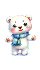 Cute polar bear wearing a blue scarf from the North Pole, cartoon style, perfect for children's books and holiday decorations