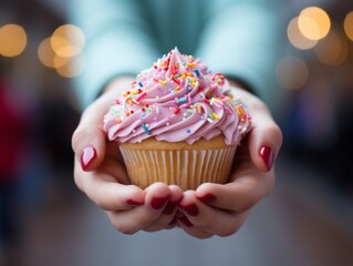 A child's hands holding a cupcake covered with rainbow sprinkles, joyful and bright