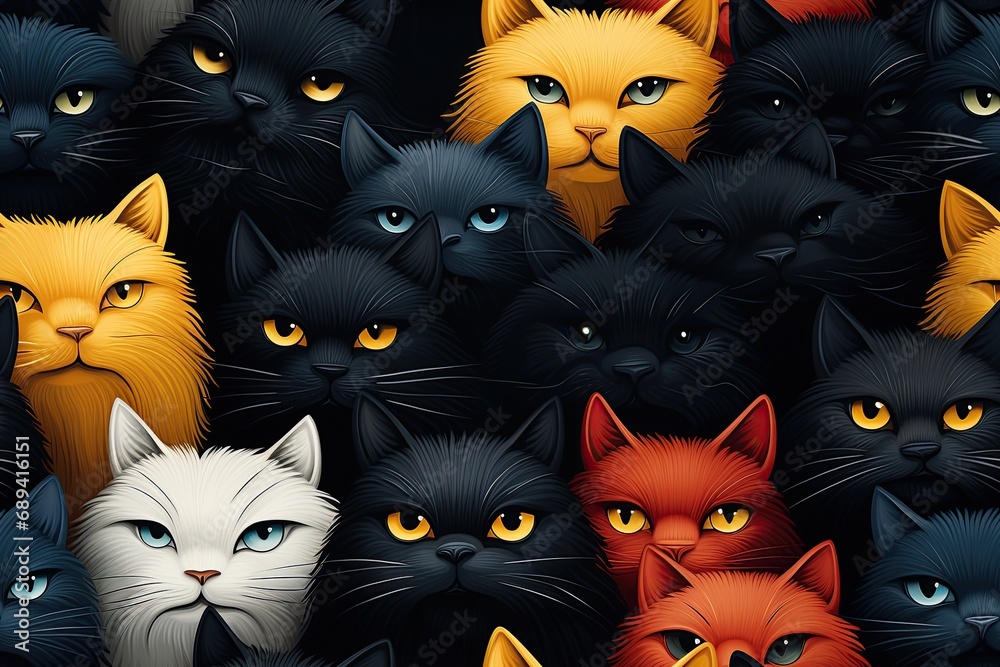 Wall mural seamless pattern with multicolored cat heads on black background