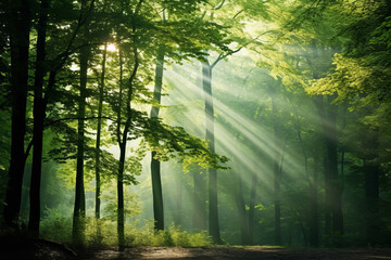 mystical forest scene with rays of sunlight piercing through the mist and illuminating the vibrant green foliage of the trees.
