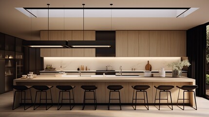 Ceiling-mounted pendant lights enhancing the minimalist aesthetics of a well-designed kitchen.