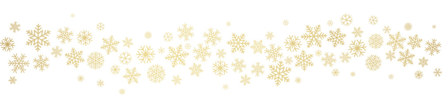 Christmas snowflakes background. Winter gold snow falling minimal decoration, greeting card. Noel subtle backdrop. Vector illustration