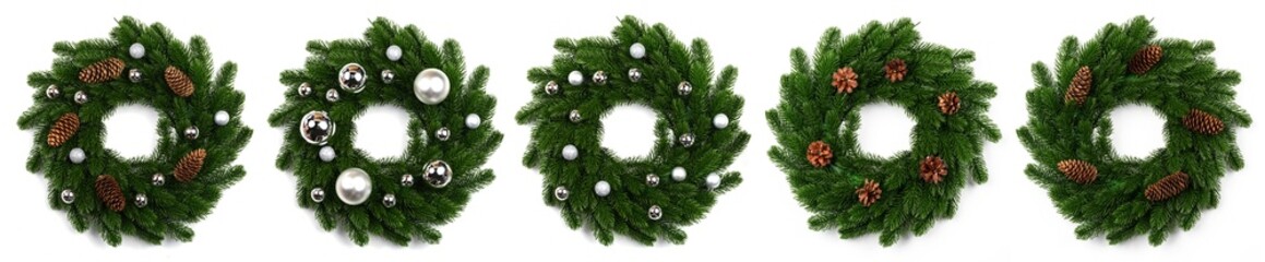 isolated christmas wreath and silver balls on white
