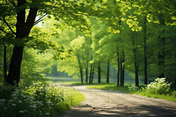 Naklejka premium serene forest path dappled with sunlight, where the lush green leaves glow against the soft shadows, creating a peaceful and inviting atmosphere.