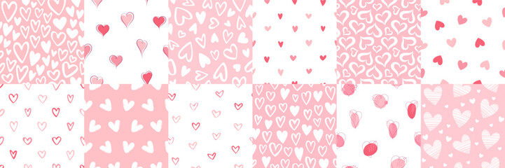 Hearts seamless vector patterns big set. Valentine's Day hand drawn artistic backgrounds collection. Marker, chalk, ink, brush drawn different doodle uneven heart shapes, outline strokes, silhouettes.