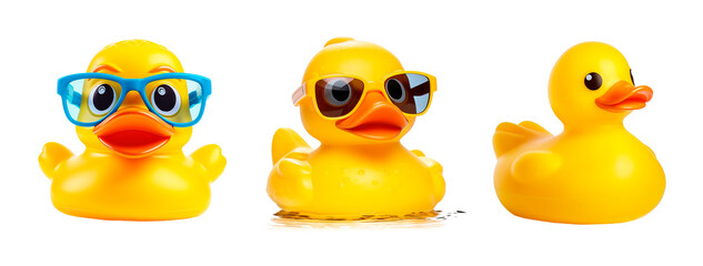Funny rubber ducks over isolated transparent background - obrazy, fototapety, plakaty