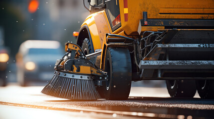 Street cleaner. Demonstration of harvesting equipment. Road sweeper. Vehicle for street cleaning. Machine with brushes for cleaning.