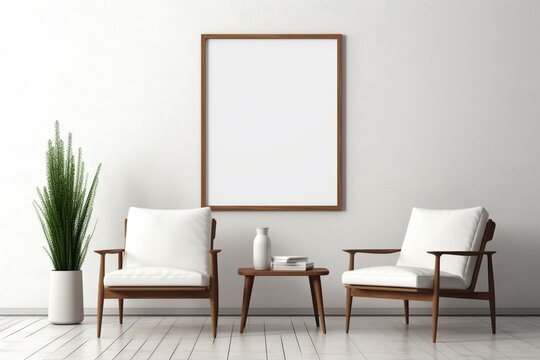 Clean lines and sophistication in a living room featuring an empty frame mockup, two wooden chairs, and a textured white wall.