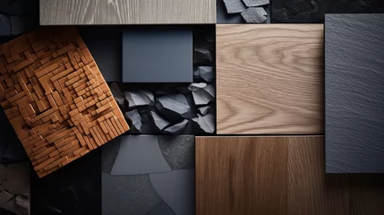 Deurstickers Close-up shot highlighting the rich textures of different wood samples positioned on a modern concrete surface, perfect for interior design inspiration. © UMR