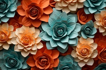 An array of intricate paper flowers in shades of orange and teal, crafted with exquisite detail to...