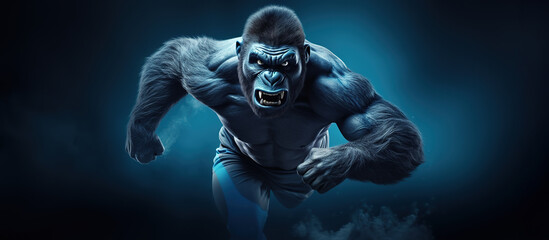 Body builder Gorilla running panoramic banner in blue colors. Sport outfit concept - obrazy, fototapety, plakaty