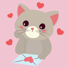 Cute cat with letter and red heart on pink background. Valentine's Day celebration